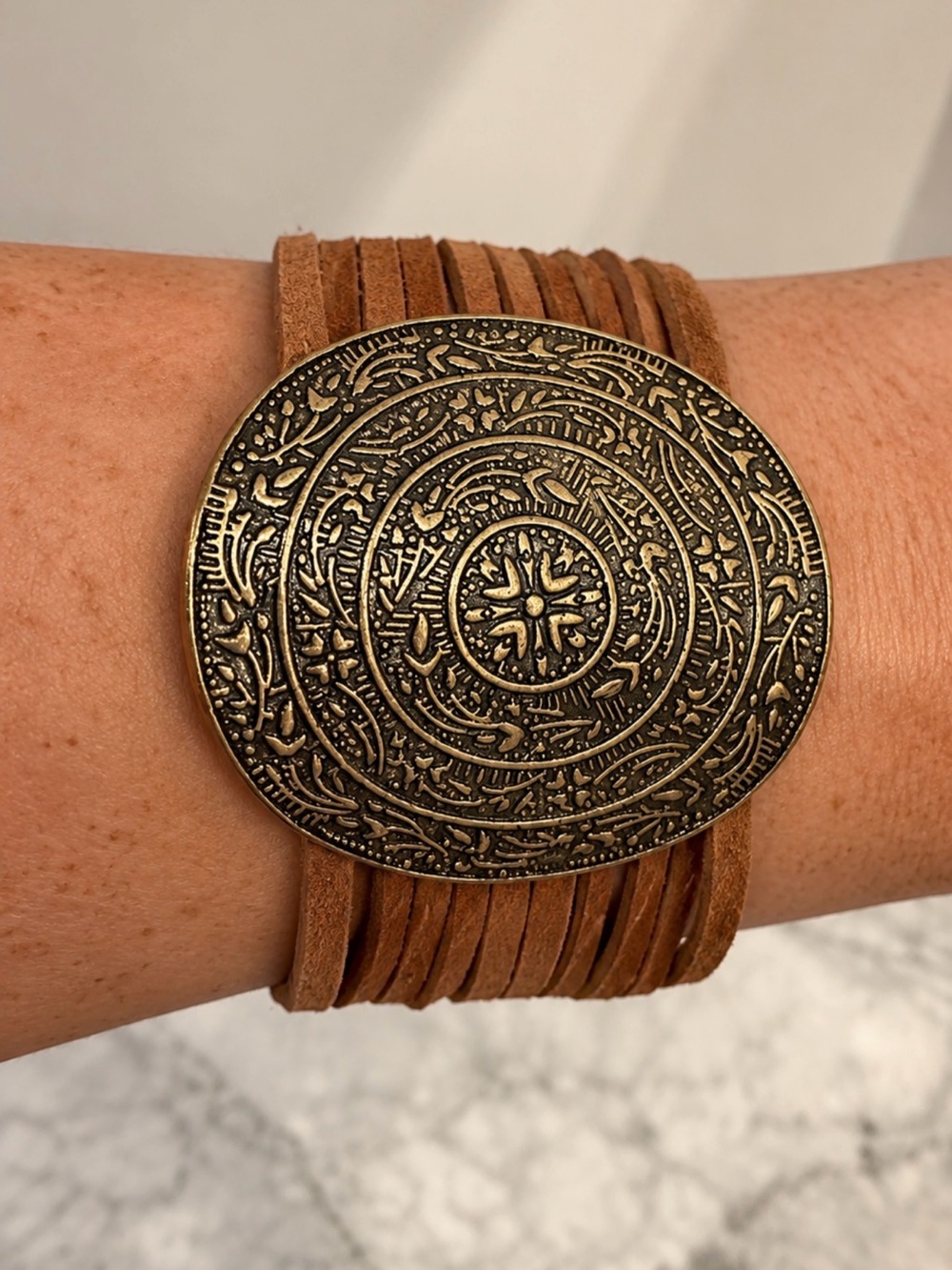 Boho Engraved Medallion Leather Cuff Bracelet - Brown